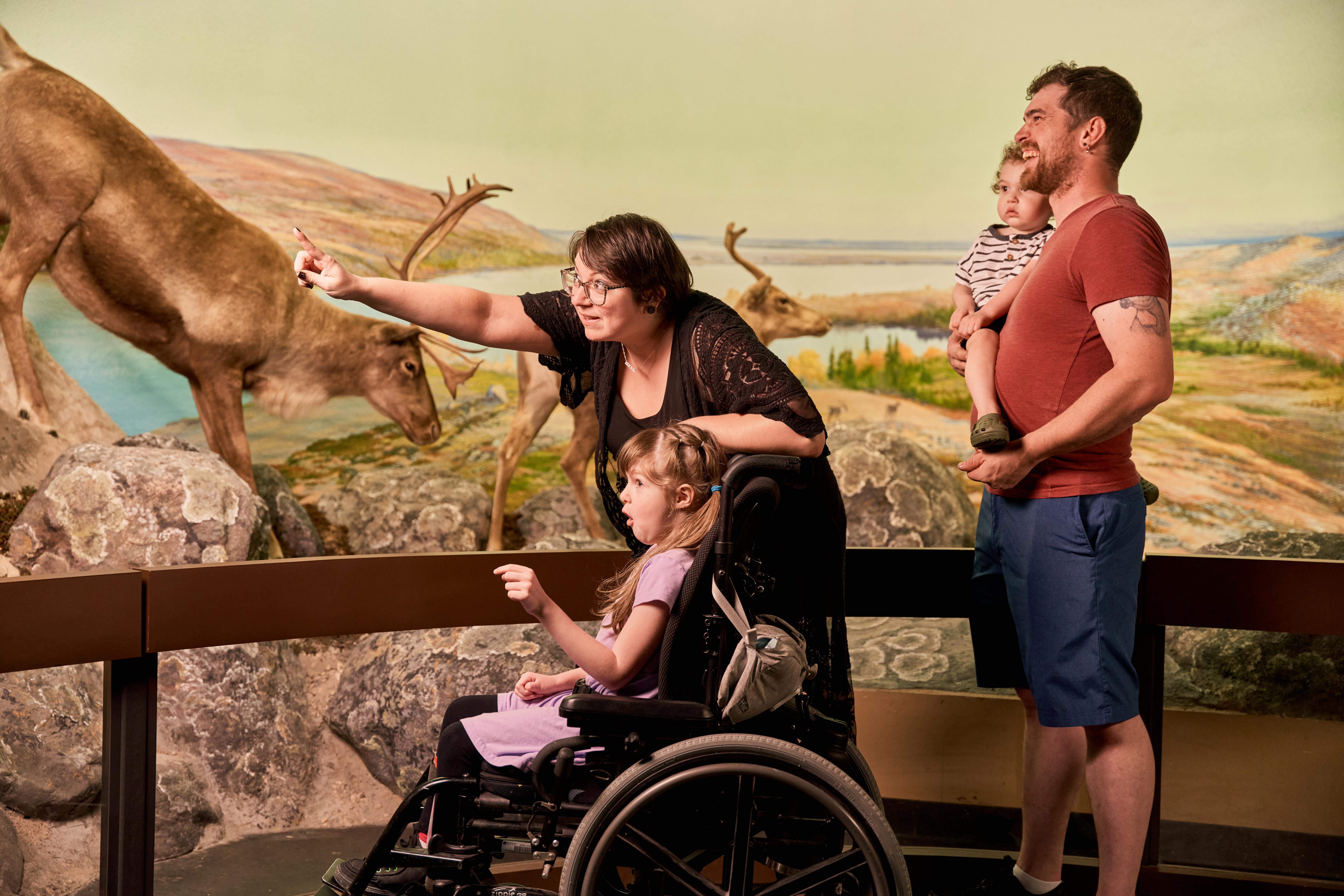 A family of four stand in front of a Museum diorama containing several caribou. One of the adults leans down to point something out to a child in a wheelchair, and the other adult stands behind holding a toddler.