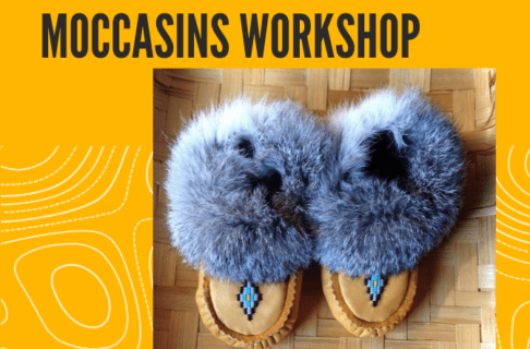 A photo of a pair of handmade moccasins on a yellow background. Text reads, "Moccasins Workshop".