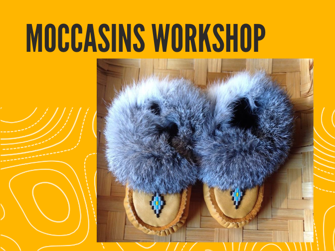 A photo of a pair of handmade moccasins on a yellow background. Text reads, "Moccasins Workshop".