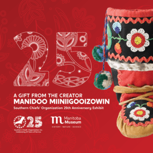  promo image for exhibit 'Manidoo Miiniigooizowin: A Gift from the Creator'. On a red background to the left, below a large "25" with floral patterning, is the title of the exhibit and text reading "Southern Chiefs' Organization 25th Anniversary Exhibit", followed by the Southern Chiefs' Organization and Manitoba Museum logos. On the right is a moccasin boot with floral beading on the upper foot and around the top cuff.