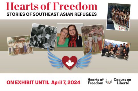 Promotional image for the Hearts of Freedom exhibition featuring six photographs of groups of refugees. Along the top text reads, "Hearts of Freedom: Stories of Southeast Asian Refugees”. Along the bottom text reads, "On exhibit until April 7, 2024" beside the Hearts of Freedom logo.