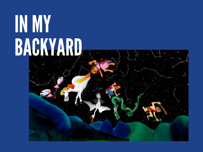 A picture of cartoon figures representing constellations on a sky map on a blue background. Text reads, "In My Backyard".