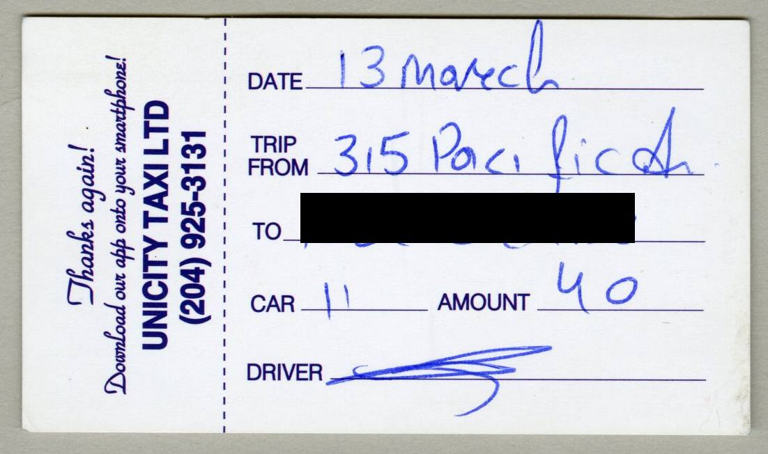 A Unicity Taxi receipt made out on March 13 for $40. The destination address is digitally redacted.