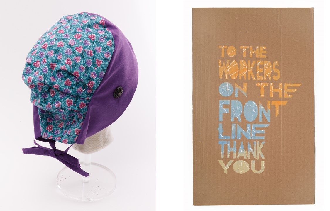 Two images side by side. On the left a colourful handmade surgical cap on a hat stand. On the right is a sign on brown cardboard. In the rough shape of Manitoba text reads, 