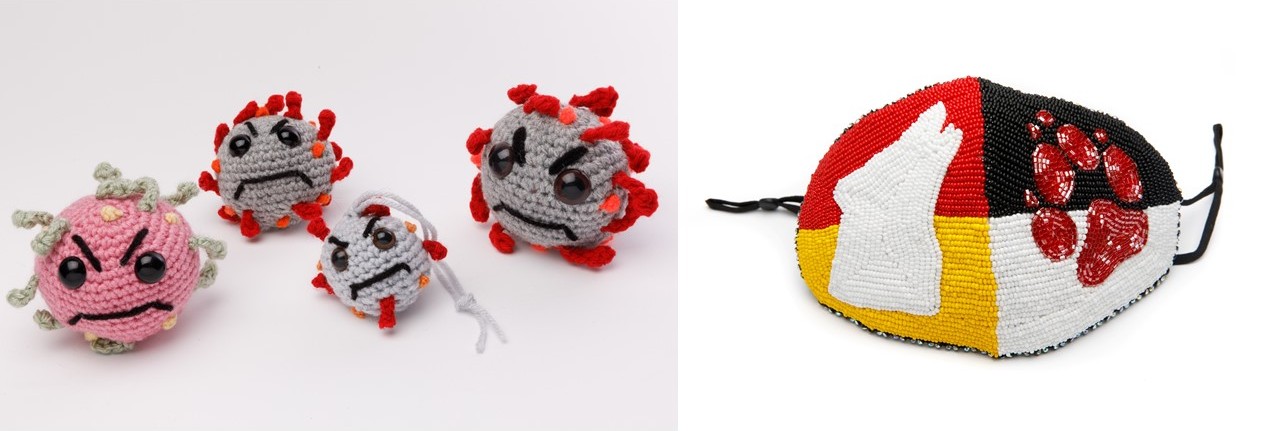 Two images side by side. In the left photo are four crocheted COVID molecules with frowning faces. One ball is pink with grey, and the other three are grey with red. In the right photo is a beaded face mask with red, yellow, white, and black quadrents. Over the red and yellow half, a white wold is stitched, and over the black and white half a red paw print.