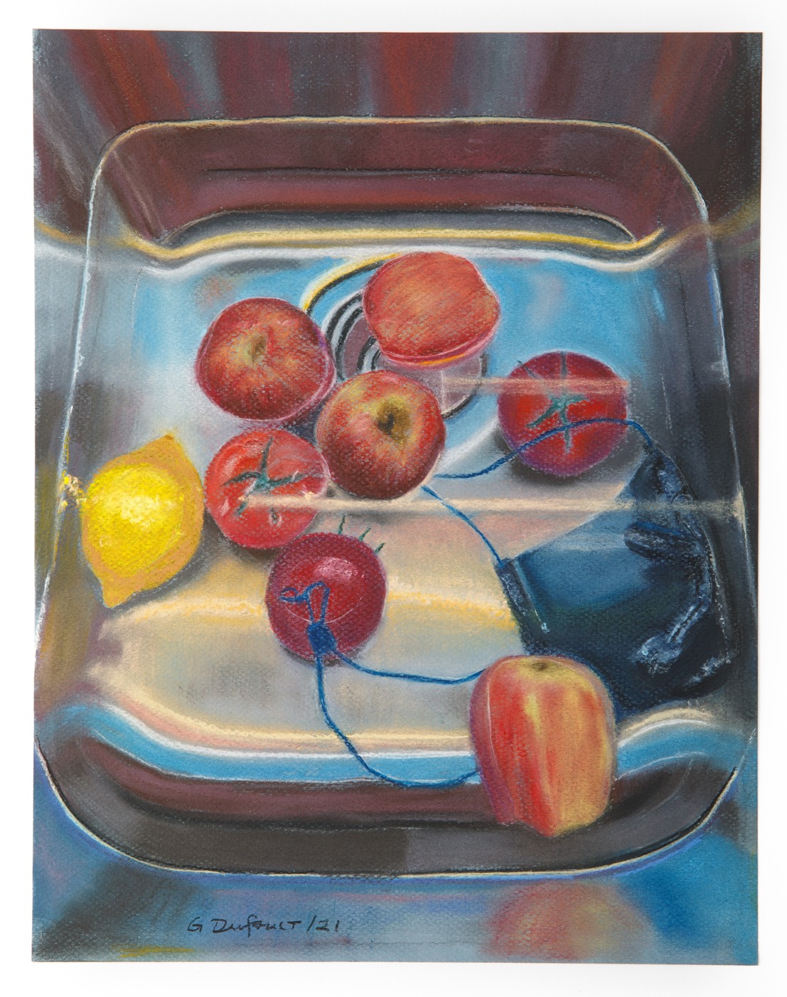 A still life artwork featuring various fruits and vegetables soaking with a face mask in a kitchen sink.