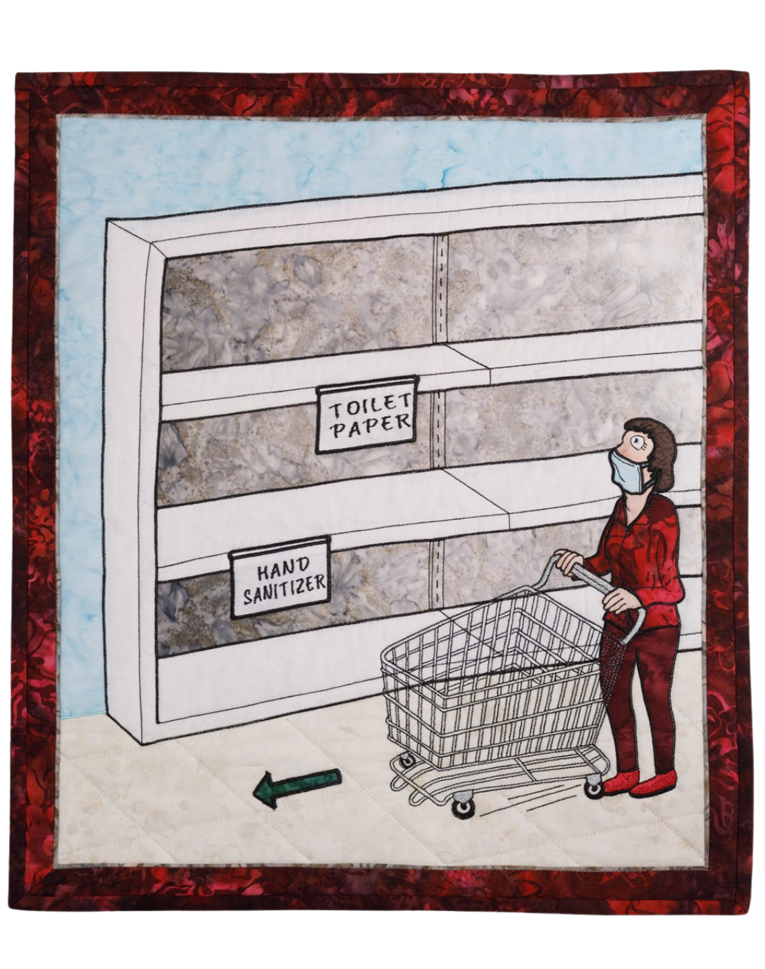 A political cartoon of a grocery store shopper pushing a cart past empty shelves labelled "Toilet Paper" and "Hand Sanitizer".
