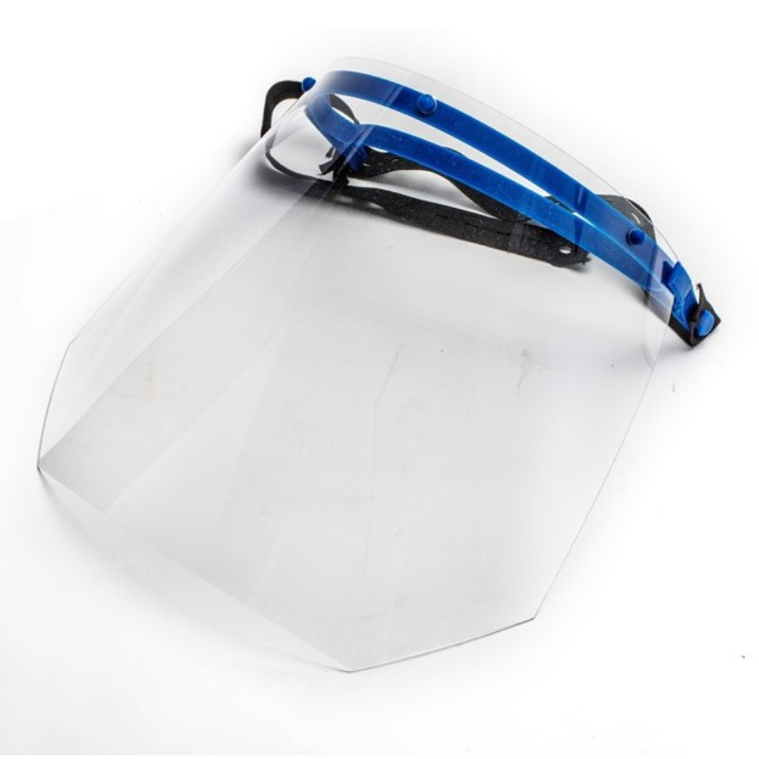 A clear face shield with a blue headband.