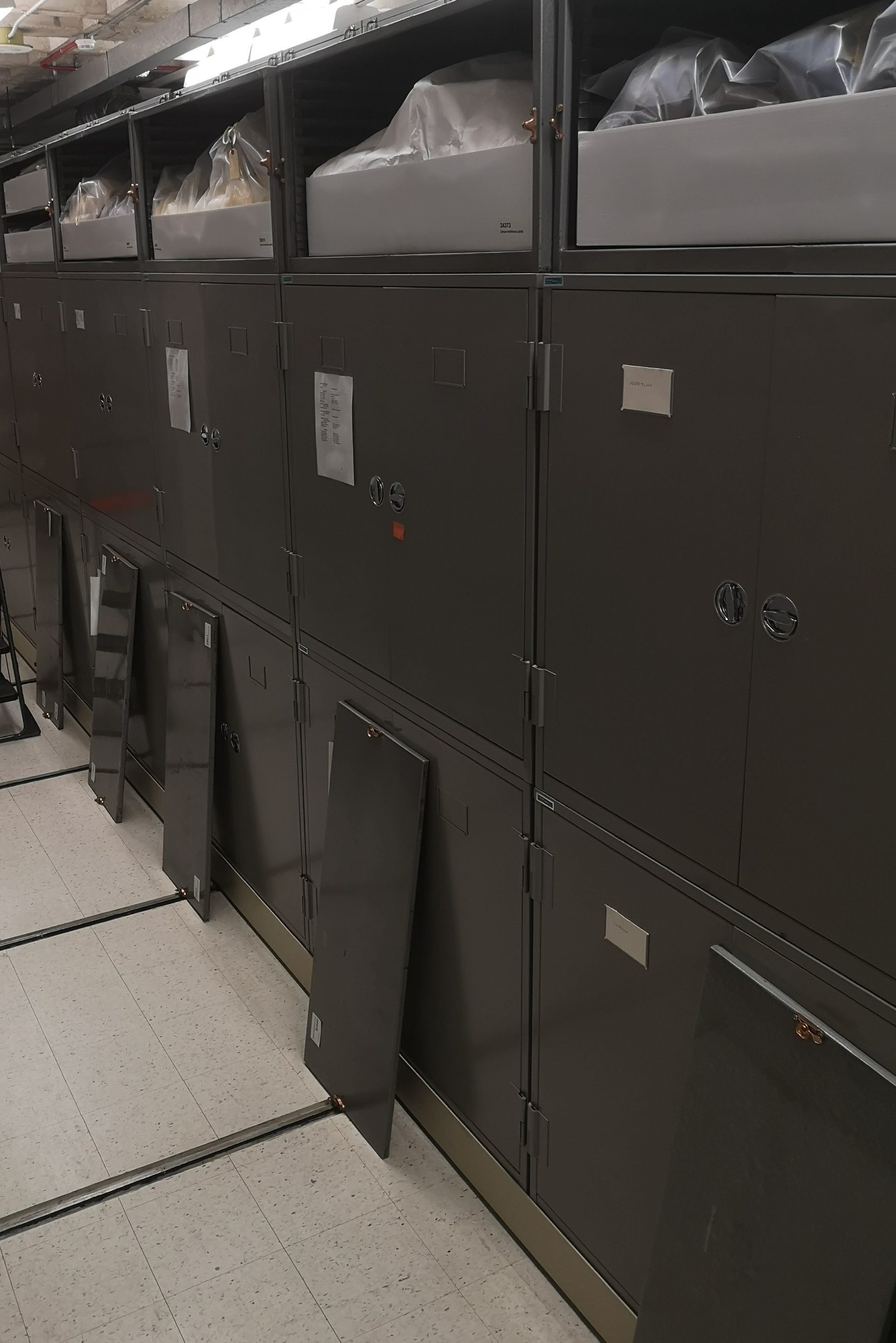 A row of dark metal storage cabinaets. The top cabinet doors are removed and lean against the floor. Inside each storage compartment is a box holding a carefully wrapped large animal skin.