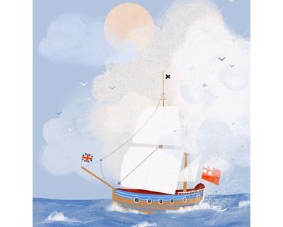 An art print featuring a sailing ship on the open water in bright cheery colours.