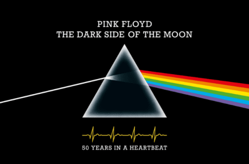At the top, the iconic Pink Floyd triangle logo with the number 50 inlaid. In the centre of the 0 is a rainbow. Directly above the logo text reads, “Pink Floyd / The Dark Side of the Moon”. Below the prism is a heartbeat line and “50 years in a heartbeat”.