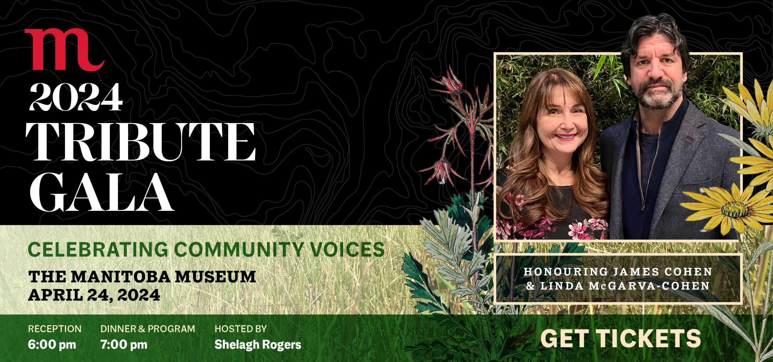Promotional graphic for the Manitoba Museum's 2024 Tribute Gala. On the right is a photograph of honourees James Cohen and Linda McGarva-Cohen. On the left, text reads, 