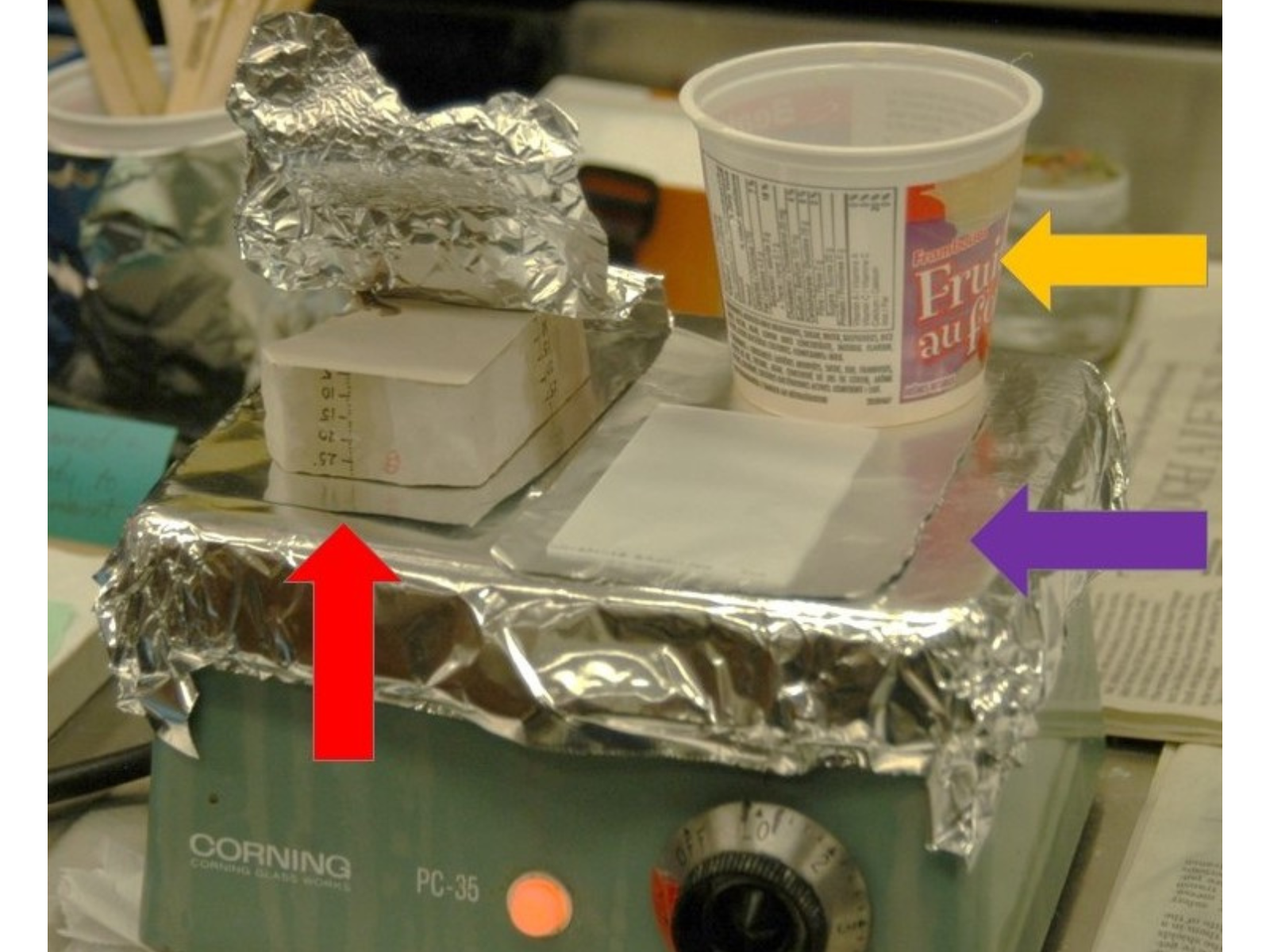 A foil covered hot plate with three objects on it. With a red arrow pointing to it, on the left, is a fossil block, with foil peeled back from the top. WIth a purple arrow pointing to it, on the lower right, is a glass slide, and with a yellow arrow pointing to it, on the upper right, is a recycled yogurt container.