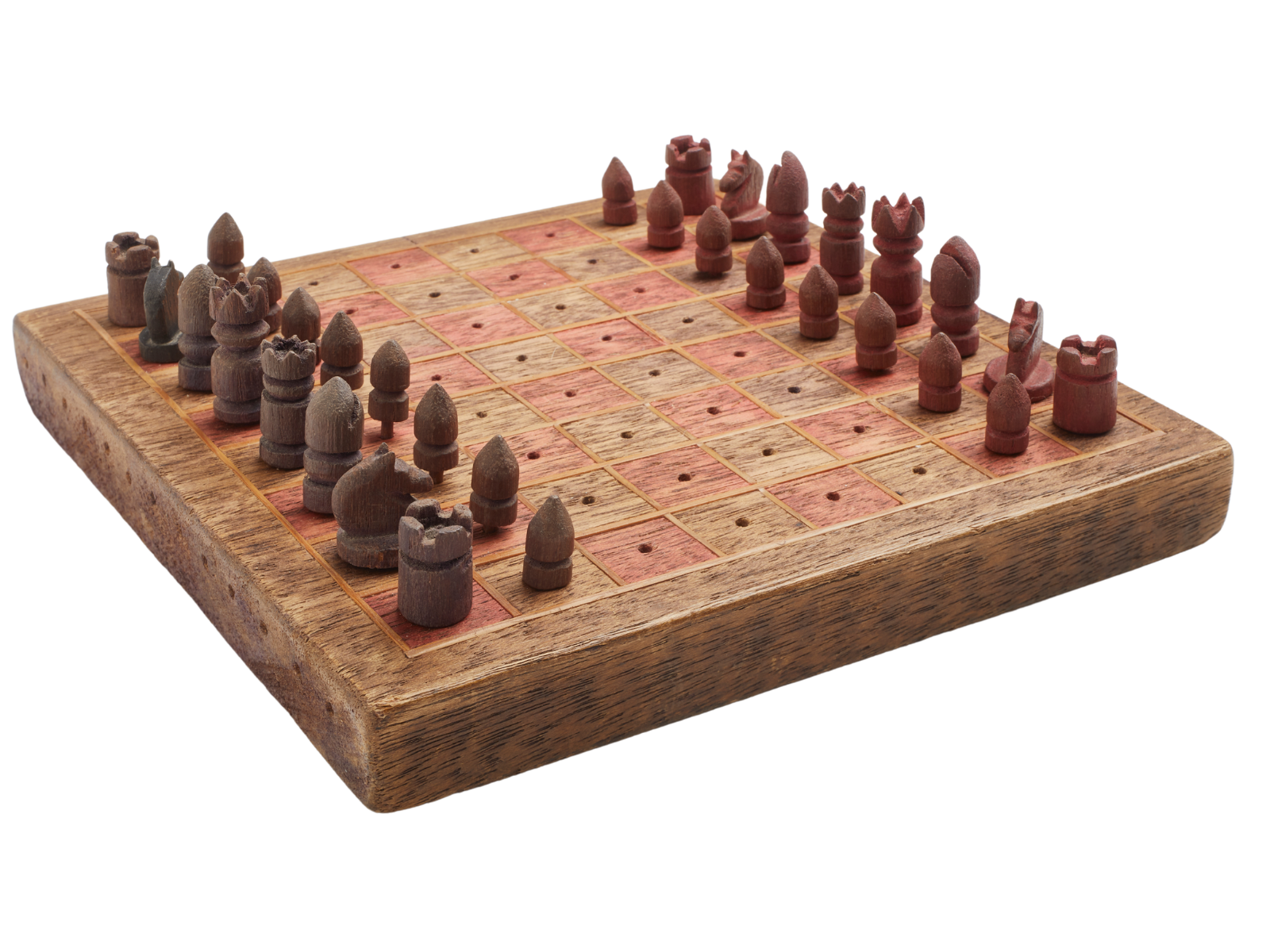 A wooden chess board set up with all the pieces in starting positions.