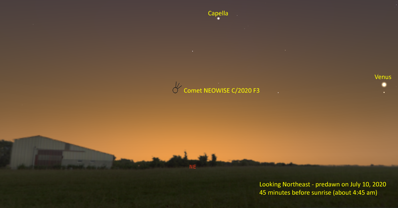 A star chart showing what direction and angle to look to see the comet on July 10 at about 4:45 am.