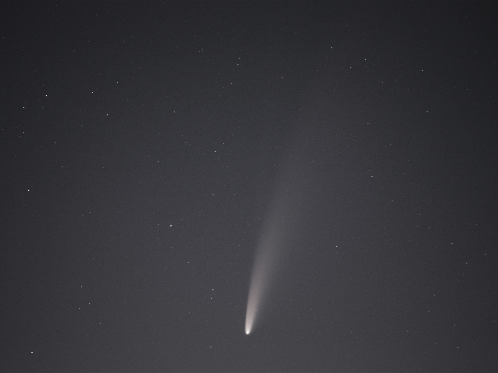 A comet streaking through the night sky, a white tail streaming out behind it.