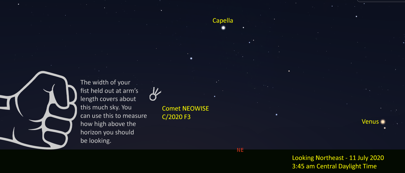 A star chart showing what direction and angle to look to see the comet on July 11 at 3:45 am CDT.