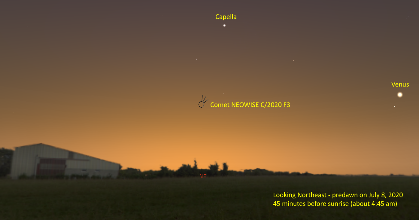 A star chart showing what direction and angle to look to see the comet on July 8 at about 4:45 am.