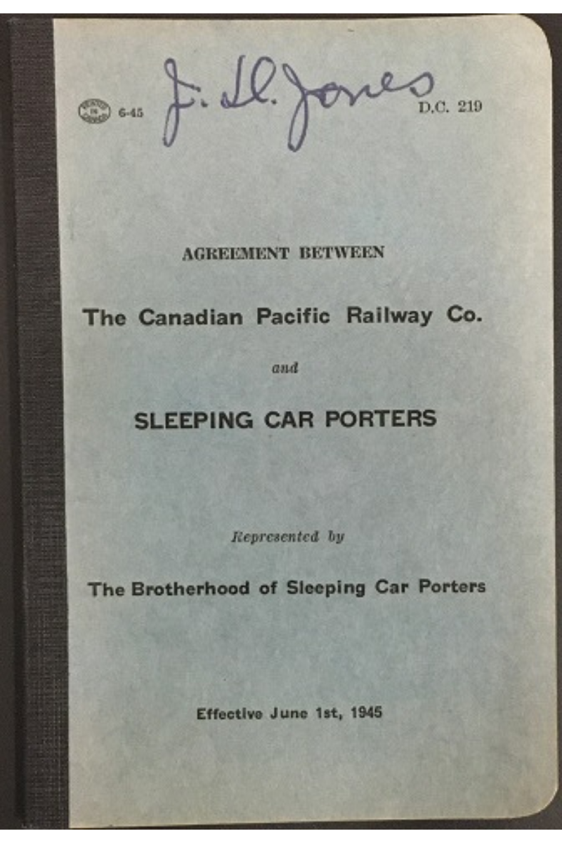 The cover of a document, the agreement between The Canadian Pacific Railway Co. and Sleeping Car Porters, represented by The Brotherhood of Sleeping Car Porters, effective June 1st, 1945.