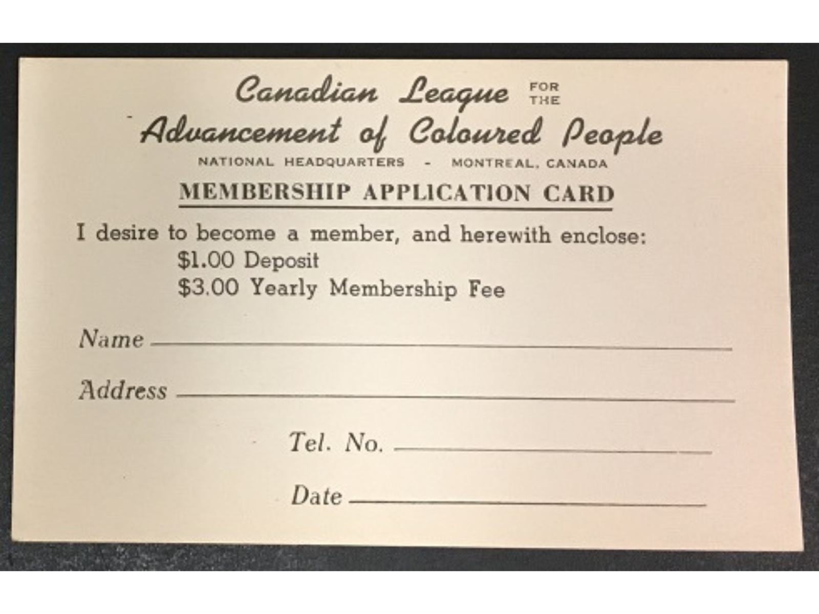 A blank membership application card for the Canadian League for the Advancement of Coloured People.