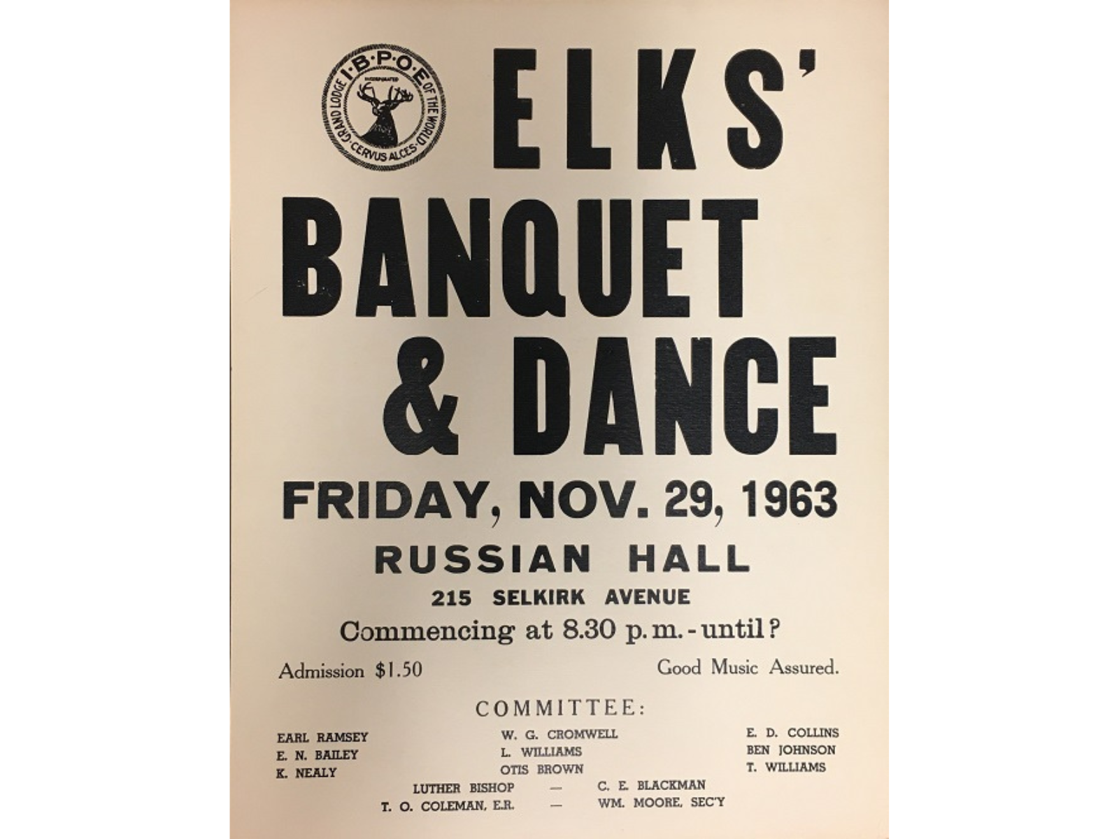 A poster for an Elks' Banquet & Dance, taking place on Friday, No. 29, 1963 at the Russian Hall.