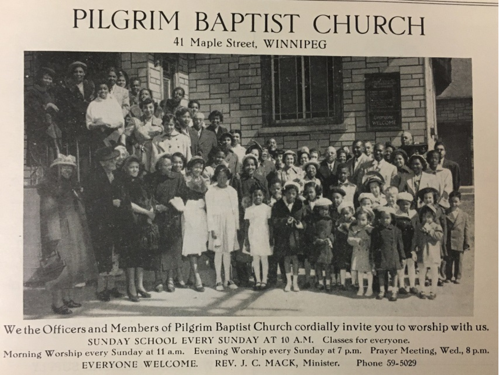 A photograph of a large group of primarily Black adults and children smiling outside of a brick building. Text above the photo reads, "Pilgrim Baptist Church". Text below reads, "We the Officers and Members of Pilgrim Baptist Church cordially invite you to worship with us."