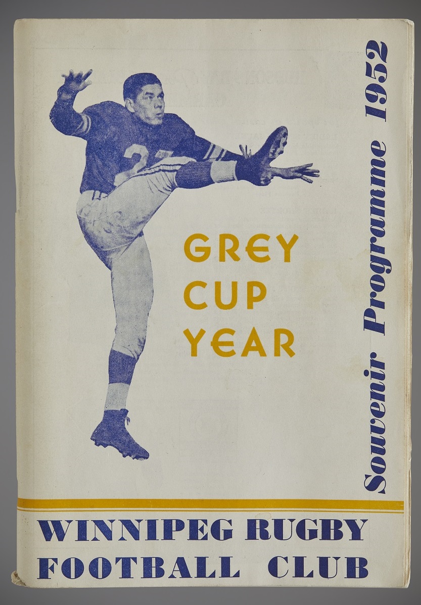 A Winnipeg Rugby Football Club programme for the Grey Cup Year Summer 1952. It shows a player at the end of a punt.