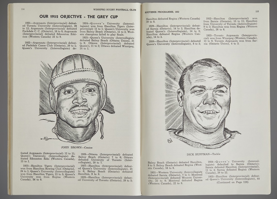 The inside of a Winnipeg Rugby Football Club programme showing a history of Grey Cup games, and sketches of two Winnipeg players, John Brown - Centre, and Dick Huffman - Tackle.