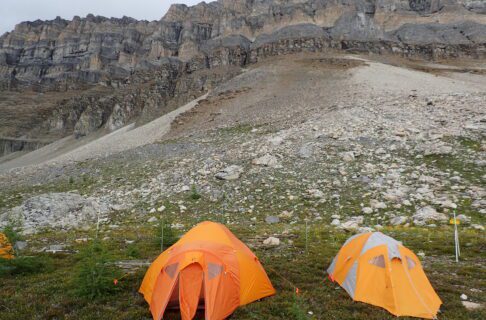 Two tents are visible on an alpine meadow in the foreground. Behind them, tall cliffs rise.