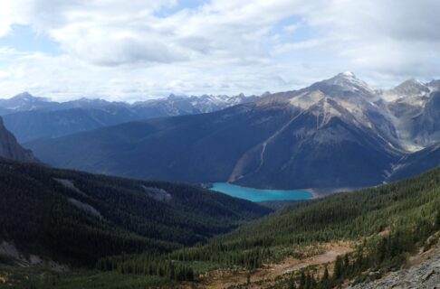 View of the mountains and lakes from Walcott's quarry at the Burgess Shale.