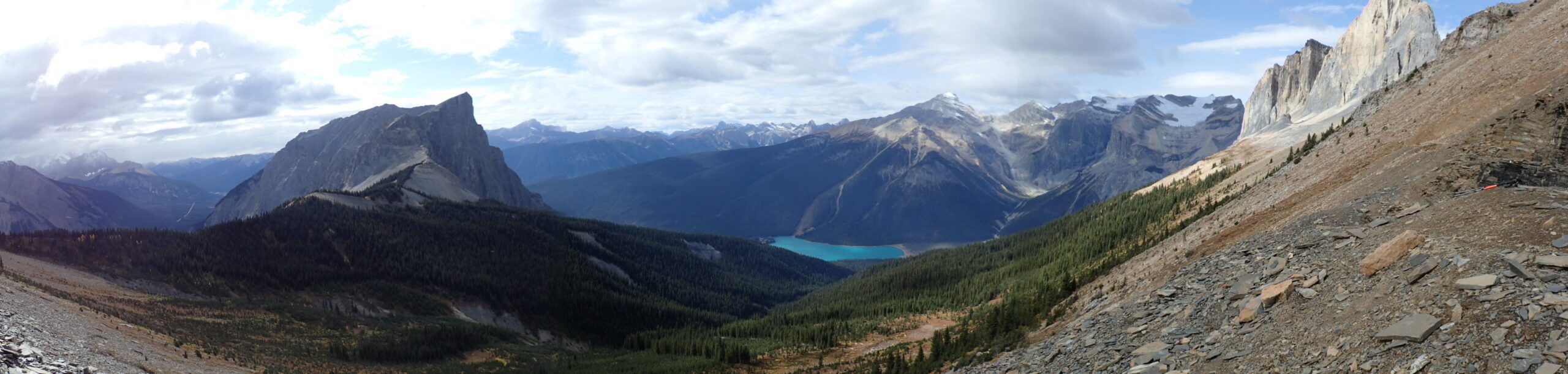View of the mountains and lakes from Walcott's quarry at the Burgess Shale.
