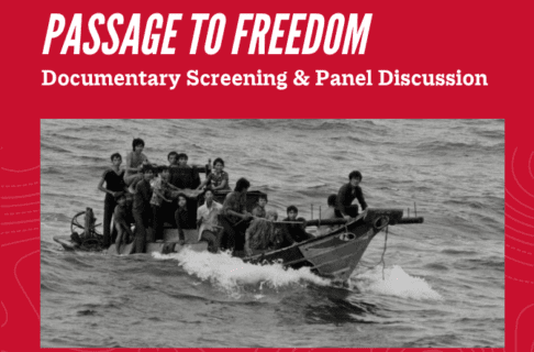 A black and white photograph on a red background of a group of refugees on a small boat in the water. Text along the top reads, "Passage to Freedom / Documentary Screening and Panel Discussion".
