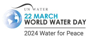 World Water Day logo. Tagline reads, "2024 Water for Peace".