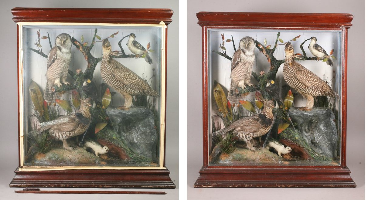 Two photographs of the same parlour case side-by-side. In the photo on the left, the glass is opaque and white masking tape holds the front panel in place. On the right the glass and case are clean and the tape has been removed.