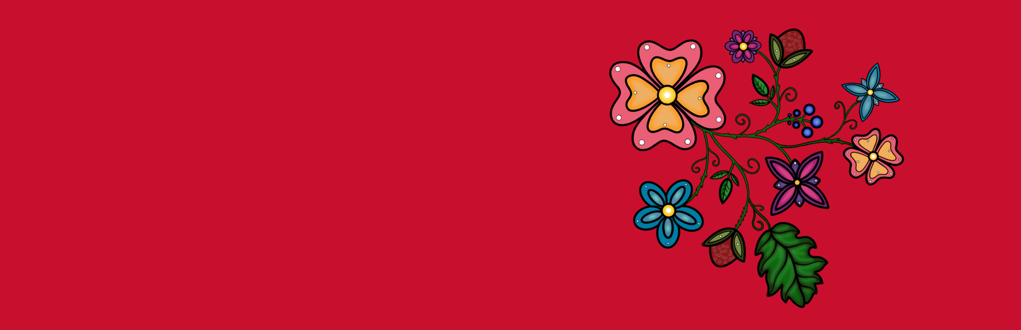 Indigenous artwork featuring vines, colourful flowers, and strawberries on a red background.