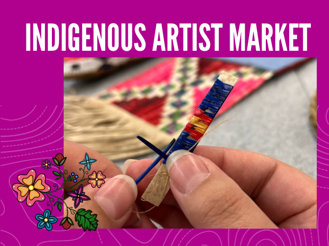 Photograph of a close-up of someone's hands making quillwork art on a fuchsia background. In the lower left corner is a digital drawing in an Indigenous floral style. Text along the top reads, "Indigenous Artist Market".