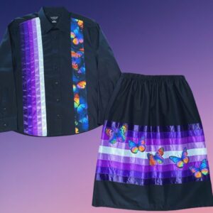 A black ribbon skit and ribbon shirt with shades of purple ribbons, and blue and orange butterflies.