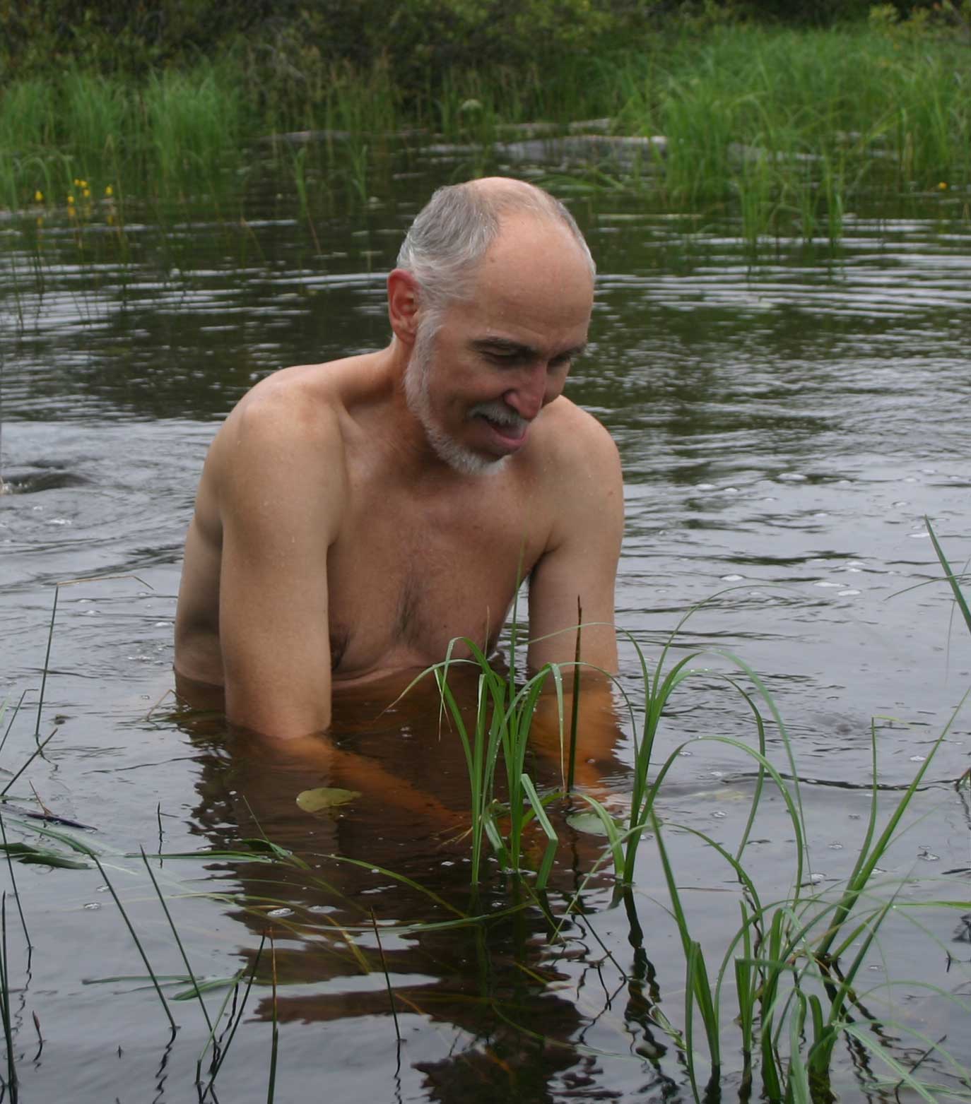 A shirtless man in water up to his mid-torso, with his hands underwater selecting an aquatic plant.