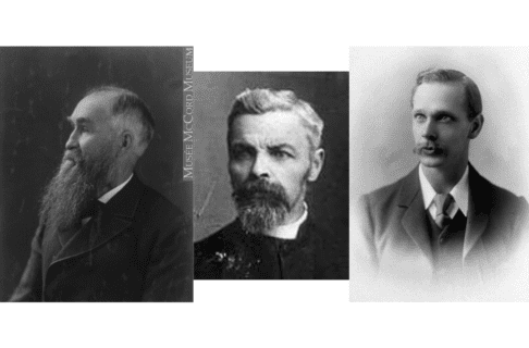 3 photographs, L to R: 1, Formal photograph of an older man with a long beard looking off to the side. 2, Black and white formal photograph of a middle aged man with a trimmed beard and somewhat stern facial expression. 3. Formal black and white photograph of a man with neatly arranged hair and a kempt moustache wearing a three-piece suit.