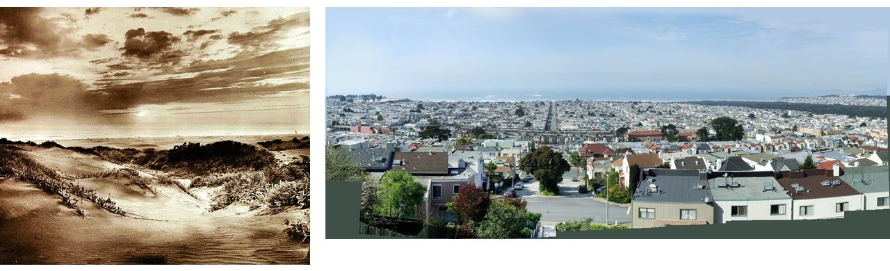 Two images side by side. On the left, a sepia image of vast sand dunes. On the right, a modern colour photograph looking out over the San Fransisco Sunset District.