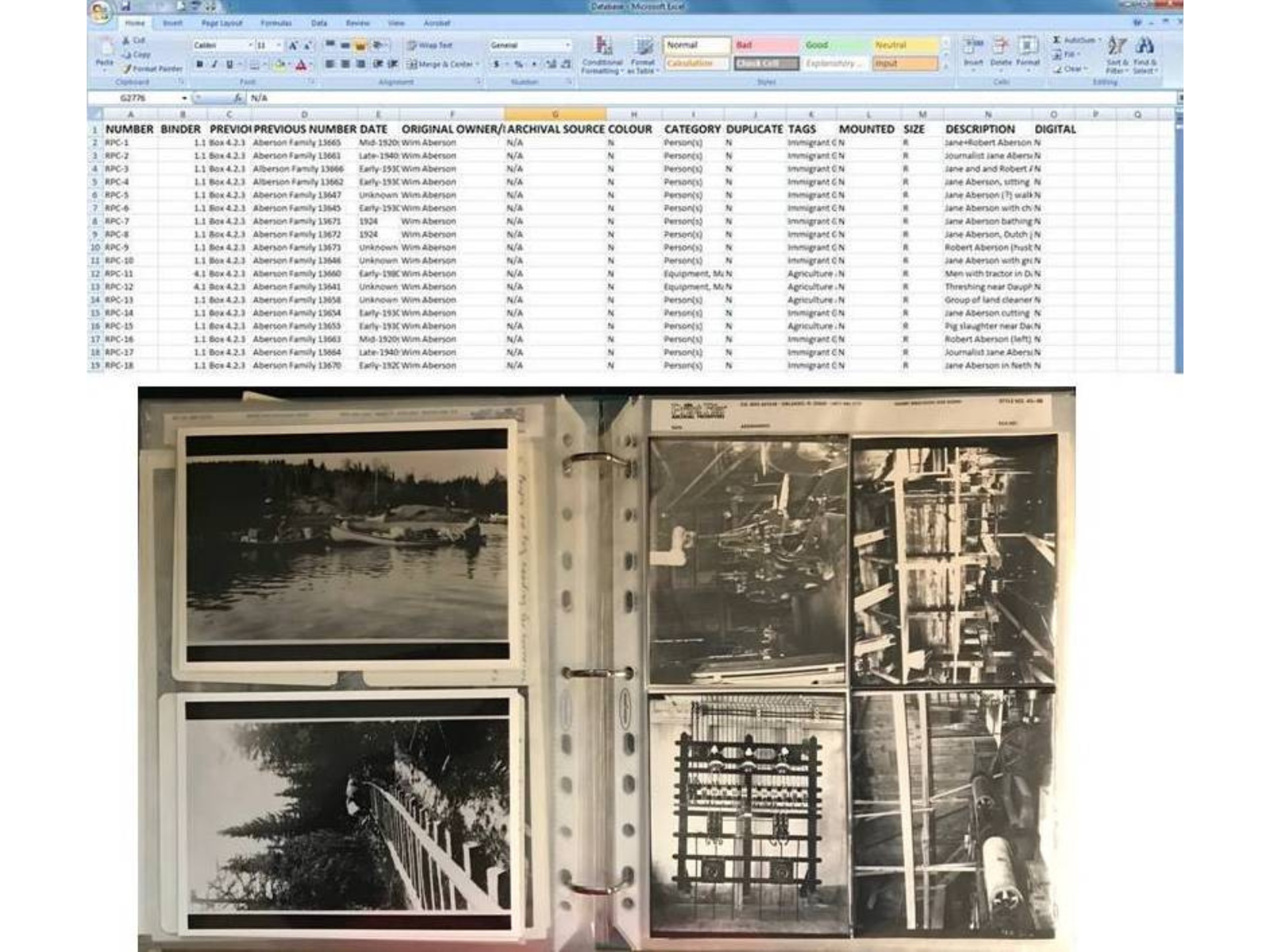 At the top, a screenshot of an Excel document breaking down artifact details. At the bottom, a photograph of an open photo album with black and white photos.