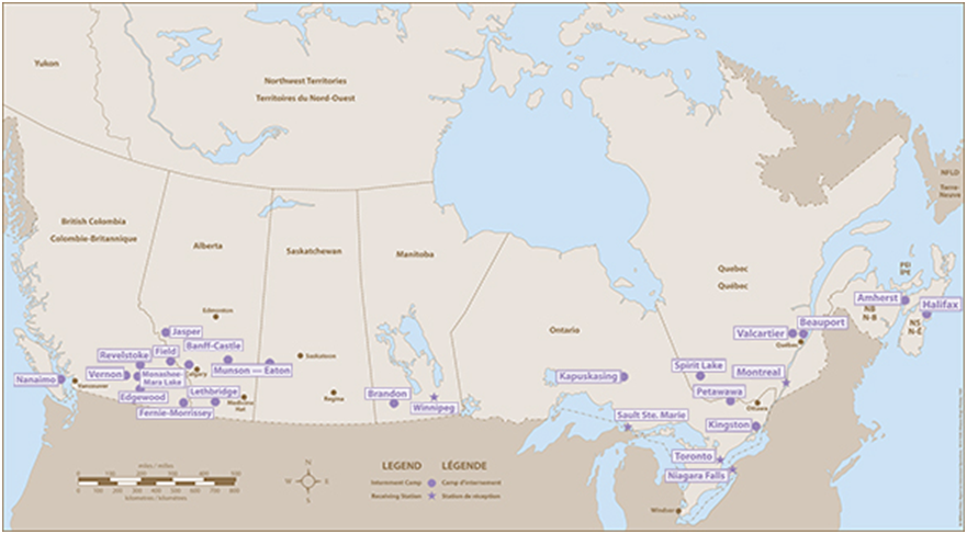 A map of Canada identifying the locations of internment camps throughout the provinces.