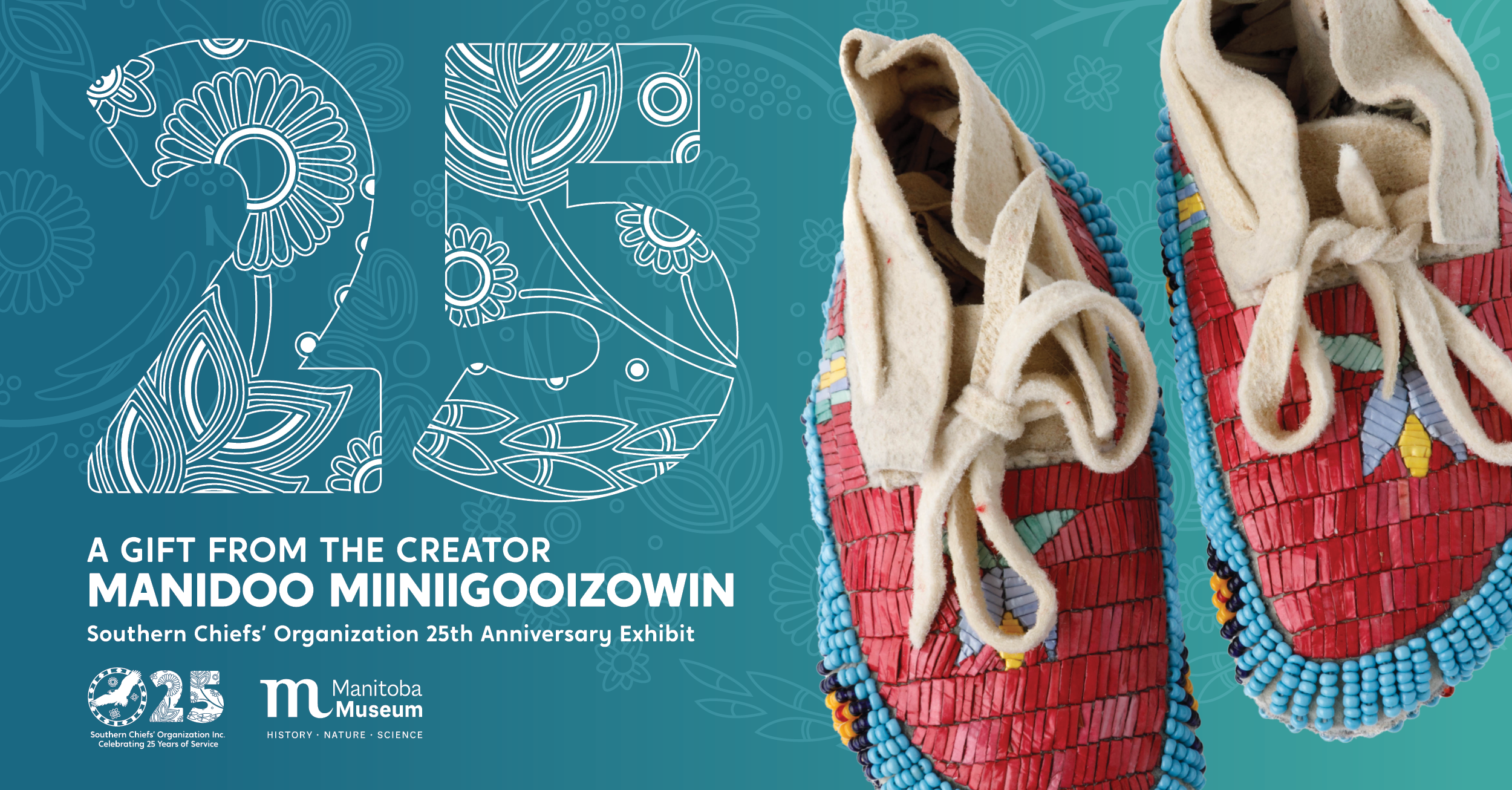A promo image for exhibit 'Manidoo Miiniigooizowin: A Gift from the Creator'. On a bright blue background to the left, below a large 