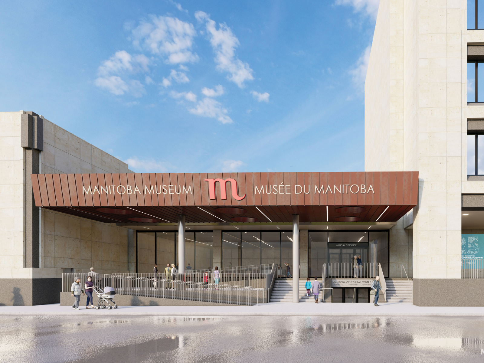 A rendering of the new Manitoba Museum Rupert Street entrance during the day, with a copper-coloured awning sheltering the entrance stairs and an updated ramp with a guard rail next to full glass walls into the foyer.