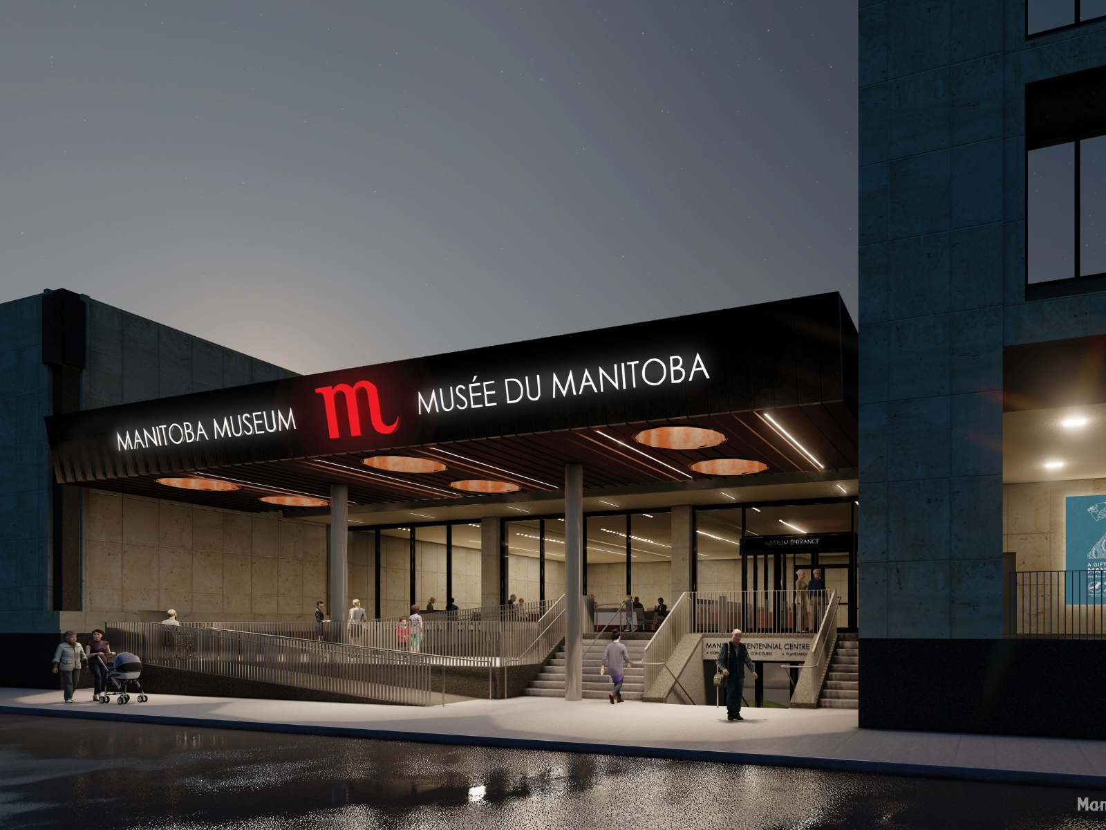 A rendering of the new Manitoba Museum Rupert Street entrance during the evening, with a copper-coloured awning with skylights and lighting sheltering the entrance stairs and an updated ramp with a guard rail.