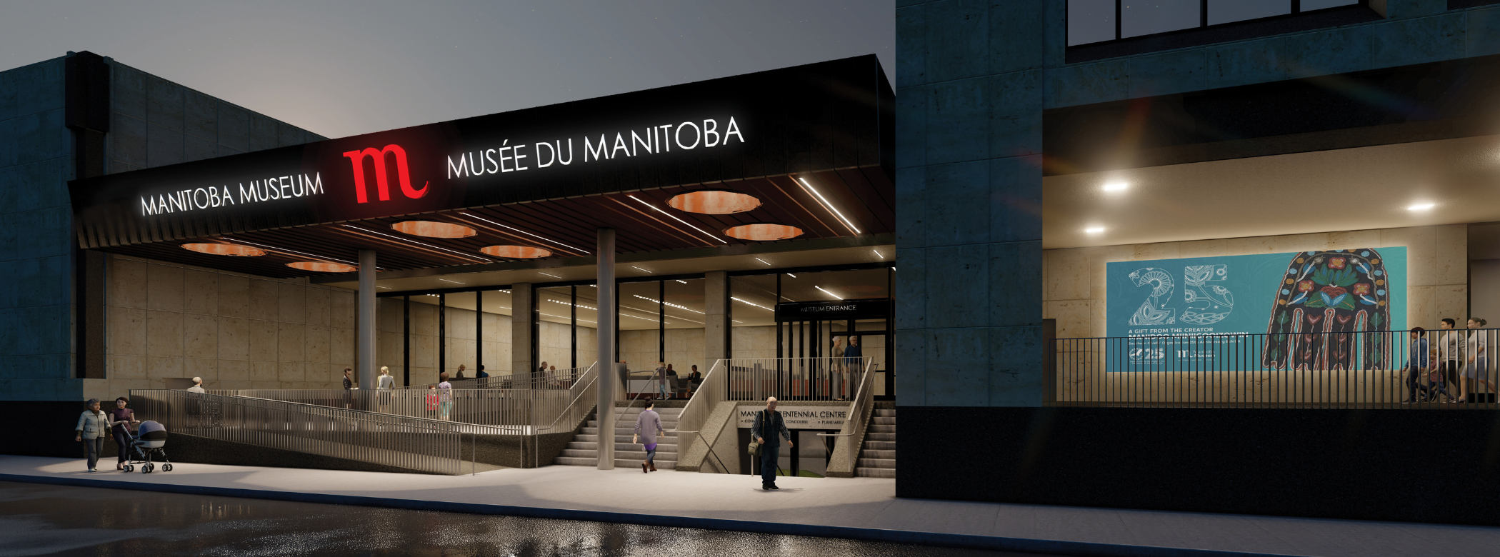 A rendering of the new Manitoba Museum Rupert Avenue entrance during the evening, with a copper-coloured awning with skylights and lighting sheltering the entrance stairs and an updated ramp with a guard rail.