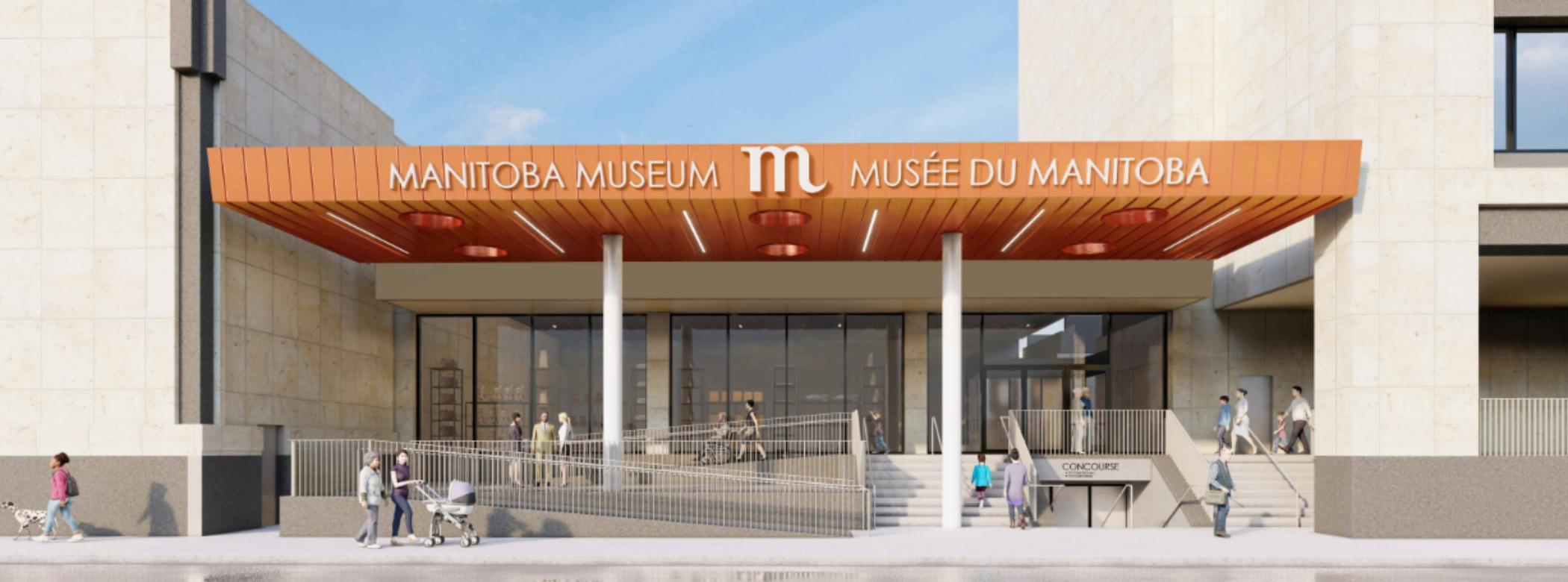 A rendering of the new Manitoba Museum Rupert Street entrance during the day, with a copper-coloured awning sheltering the entrance stairs and an updated ramp with a guard rail next to full glass walls and entrance door into the foyer.
