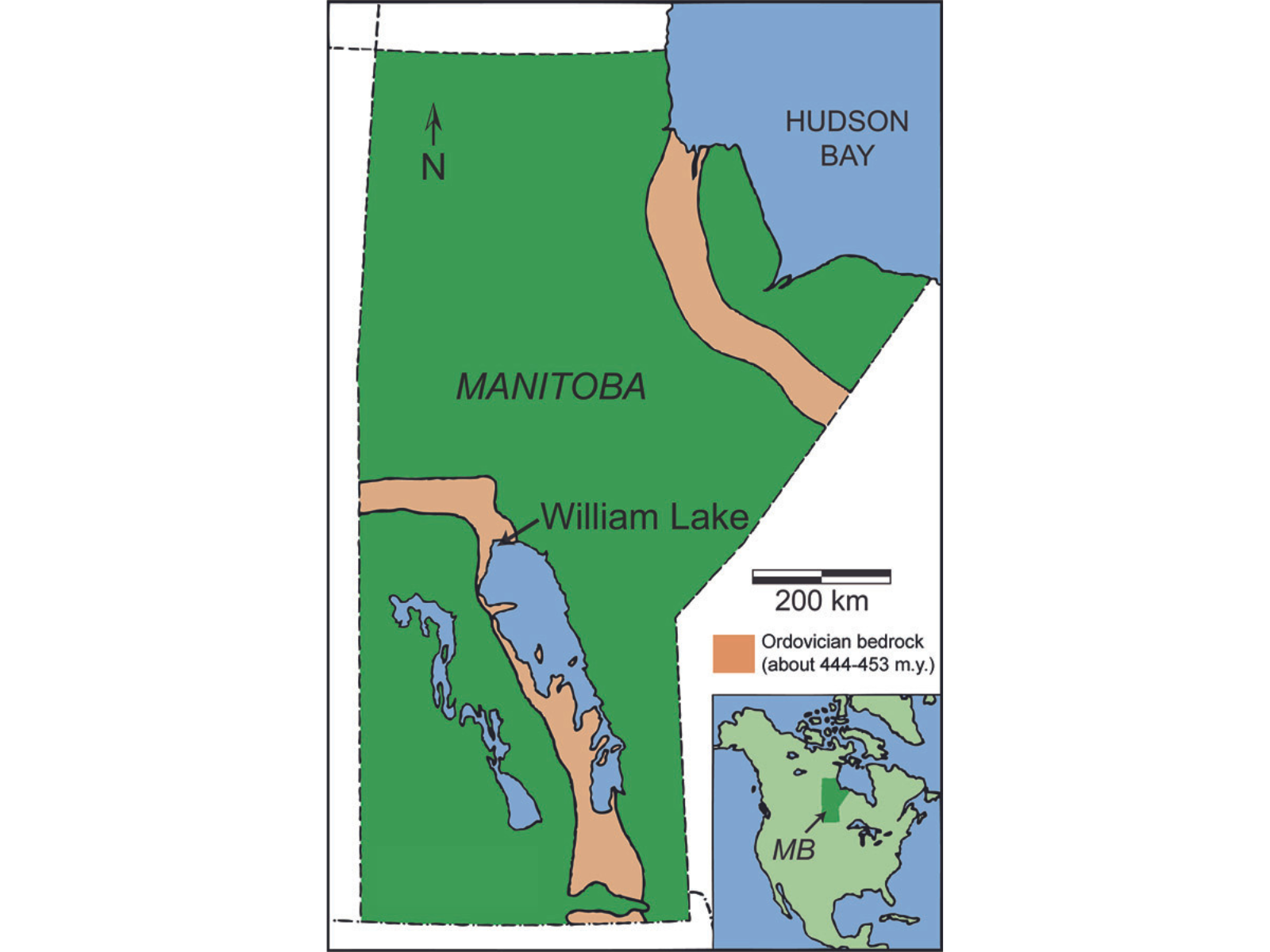 A map of Manitoba (green) showing an area of Ordovician bedrock (beige) and the location of William Lake (about centre of the province).