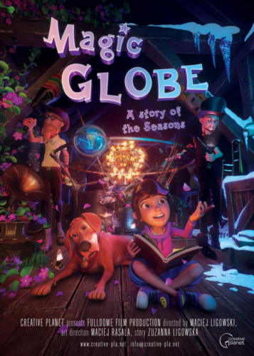 Show poster – An animated girl sits on a wooden floor with a dog lying beside her and an open book in her lap. Behind her a machine with a glowing orb and a model of Earth, flanked by two adults. Title text reads, “Magic Globe: A Story of the Seasons”.