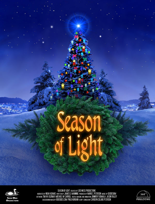 Show poster for Season of Light. A spruce tree in a winter scene decorated with colourful lights, with a green wreath featuring the show title in front for it.